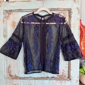 Free People Black Sheer Embroidered Mesh Floral Lace Boho Festival Blouse Sz M